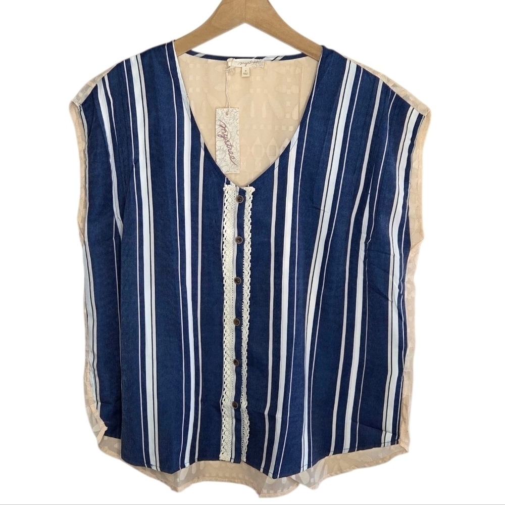 NWT Mystree | Mixed Material Blouse Dark Blue Front Sheer Textured Back Medium